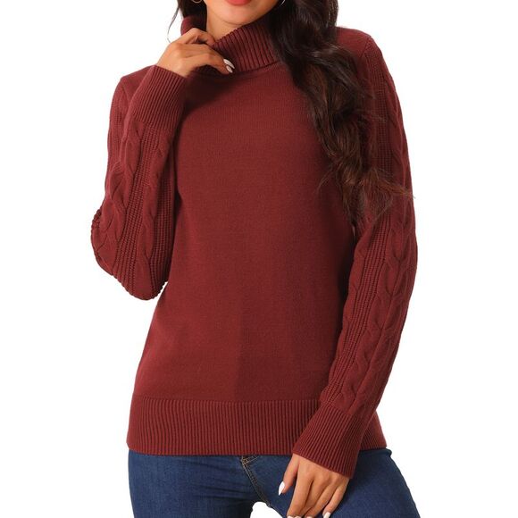 High Neck Long Sleeve Casual Chunky Warm Pullover Sweater Top Wine Red - Picture 1 of 5